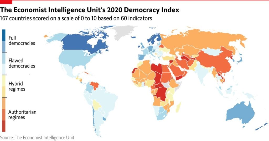 Bản đồ Chỉ số D&acirc;n chủ To&agrave;n cầu năm 2020 của tạp ch&iacute; The Economist.