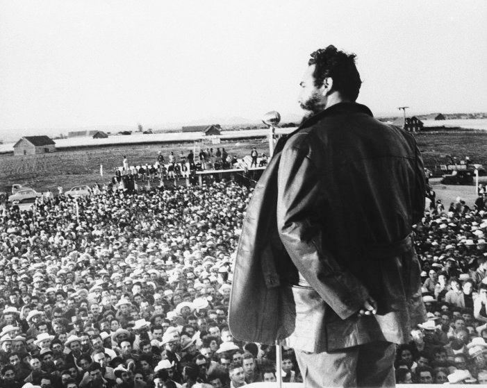Fidel Castro speaks to tobacco workers for whom he founded a new workers' town in Pinar del Rio, Cuba, on April 9, 1960. AP