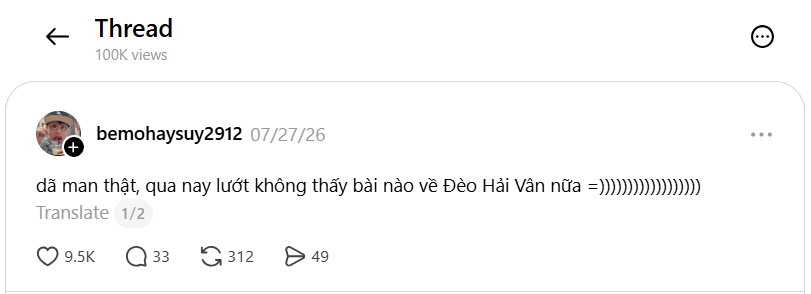 Một b&agrave;i viết của danh khoản bemohaysuy2912 v&agrave;o ng&agrave;y 27/7 phản &aacute;nh t&igrave;nh trạng số lượng b&agrave;i viết li&ecirc;n quan đến từ kh&oacute;a đ&egrave;o Hải V&acirc;n bị sụt giảm nghi&ecirc;m trọng. Ảnh chụp m&agrave;n h&igrave;nh.