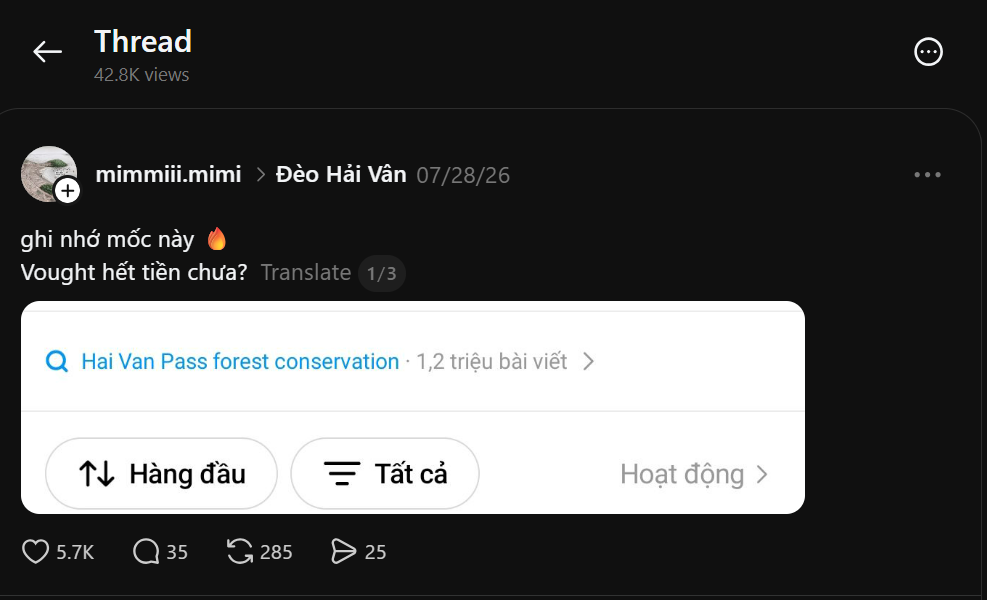 Một b&agrave;i viết của danh khoản mimiii.mimi v&agrave;o ng&agrave;y 28/7 cho thấy số b&agrave;i viết thuộc nh&oacute;m từ kh&oacute;a &ldquo;Hai Van Pass forest conservation&rdquo; (từ kh&oacute;a thay thế cho &ldquo;đ&egrave;o Hải V&acirc;n&rdquo; hay &ldquo;l&agrave;ng V&acirc;n&rdquo;) trong h&ocirc;m đ&oacute; đ&atilde; l&ecirc;n tới hơn 1,2 triệu. Từ &ldquo;Vought&rdquo; xuất hiện trong b&agrave;i viết tr&ecirc;n cũng l&agrave; từ được nhiều người d&ugrave;ng để thay thế c&aacute;c từ &ldquo;Vingroup&rdquo; hay &ldquo;Vinpearl&rdquo;nhằm tr&aacute;nh bị truy qu&eacute;t, x&oacute;a b&agrave;i. Ảnh chụp m&agrave;n h&igrave;nh.