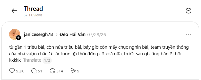 Một b&agrave;i viết của danh khoản janicesergh78 v&agrave;o ng&agrave;y 28/7 phản &aacute;nh t&igrave;nh trạng c&aacute;c b&agrave;i viết về chủ đề đ&egrave;o Hải V&acirc;n li&ecirc;n tục bị x&oacute;a, số lượng sụt giảm nghi&ecirc;m trọng, v&agrave; ho&agrave;i nghi sự việc n&agrave;y do doanh nghiệp của &ocirc;ng Phạm Nhật Vượng đứng sau. Ảnh chụp m&agrave;n h&igrave;nh.